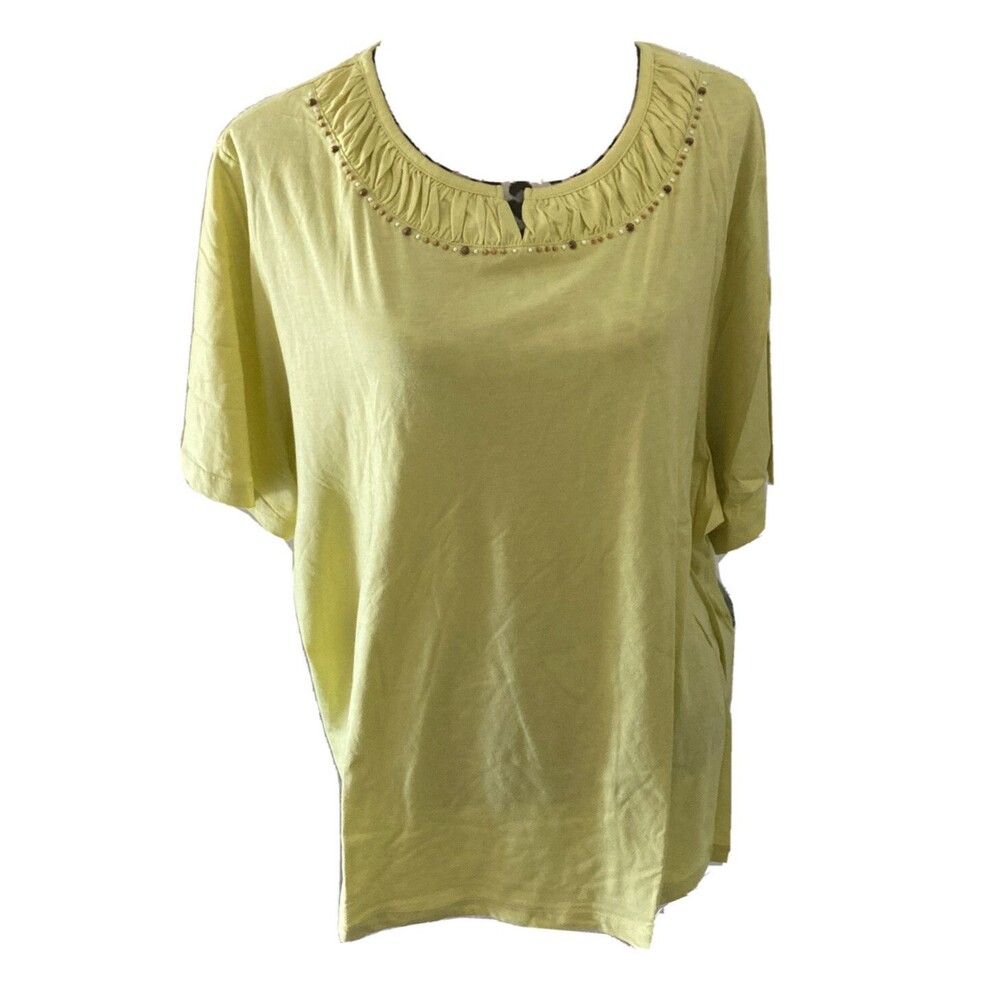 Koret Top Blouse Woman  Size 3X Lime Green Beaded Neck 26L x 28W Minimalist NEW